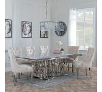 Vortex Dining Set - 10 Seater - 220cm - Grey Marble & Chrome - Lion Knocker Back Dining Chairs - Champagne Velvet Fabric - Chrome Legs