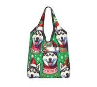 Vortithora Foldable Christmas-Siberian-Huskies-Snowflakes Reusable Grocery Shopping Bag, Waterproof Shopping Tote