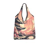 Vortithora Foldable Japanese-Temple-Fuji-Sakura-Sunset Reusable Grocery Shopping Bag, Waterproof Shopping Tote