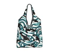 Vortithora Foldable Killer-Whales-Waves Reusable Grocery Shopping Bag, Waterproof Shopping Tote
