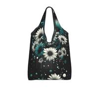 Vortithora Foldable Modern-Teal-Flowers-Dots Reusable Grocery Shopping Bag, Waterproof Shopping Tote