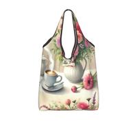 Vortithora Foldable Morning-Bloom-And-Coffee Reusable Grocery Shopping Bag, Waterproof Shopping Tote
