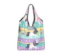 Vortithora Foldable One-Horned-Horse-Rainbow-Stars Reusable Grocery Shopping Bag, Waterproof Shopping Tote