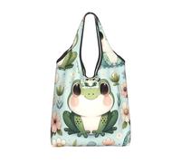 Vortithora Foldable Playful-Frogs-Flowers Reusable Grocery Shopping Bag, Waterproof Shopping Tote