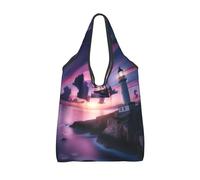 Vortithora Foldable Sunset-Lighthouse-Ocean-Sea Reusable Grocery Shopping Bag, Waterproof Shopping Tote
