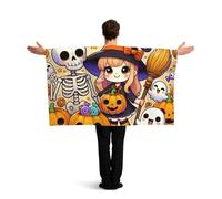 Vortithora Kawaii-Halloween-Witches-Skeletons Flag Cape With Sleeves For Adults, Polyester Wearable Flag Cloak, Lightweight Sports Fan Cape For Game Day, Bar Parties And Street Celebrations