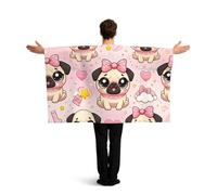 Vortithora Kawaii-Pug-Love Flag Cape With Sleeves For Adults, Polyester Wearable Flag Cloak, Lightweight Sports Fan Cape For Game Day, Bar Parties And Street Celebrations