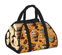 Vortithora Large Coffee-Latte-Nice-Time Firewood Carrier Bag, 600d Oxford Cloth Log Tote with Reinforced Handles, Open-End Wood Hauling Bag for Fireplace, Wood Stove, Camping and Outdoor Storage