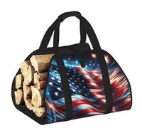 Vortithora Large Firework-American-Flag Firewood Carrier Bag, 600d Oxford Cloth Log Tote with Reinforced Handles, Open-End Wood Hauling Bag for Fireplace, Wood Stove, Camping and Outdoor Storage