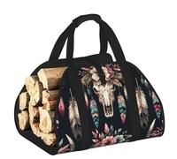 Vortithora Large Flower-Bull-Skulls-Indian Firewood Carrier Bag, 600d Oxford Cloth Log Tote with Reinforced Handles, Open-End Wood Hauling Bag for Fireplace, Wood Stove, Camping and Outdoor Storage