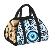 Vortithora Large Greece-Bead-Blue-Evil-Eye Firewood Carrier Bag, 600d Oxford Cloth Log Tote with Reinforced Handles, Open-End Wood Hauling Bag for Fireplace, Wood Stove, Camping and Outdoor Storage
