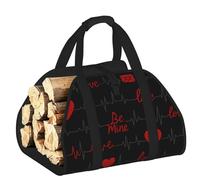 Vortithora Large Love Heartbeat Pattern Firewood Carrier Bag, 600d Oxford Cloth Log Tote with Reinforced Handles, Open-End Wood Hauling Bag for Fireplace, Wood Stove, Camping and Outdoor Storage