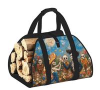 Vortithora Large Romantic-Skeletons-Marigold Firewood Carrier Bag, 600d Oxford Cloth Log Tote with Reinforced Handles, Open-End Wood Hauling Bag for Fireplace, Wood Stove, Camping and Outdoor Storage