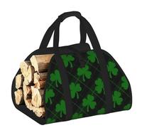 Vortithora Large Shamrock Plaid Design Firewood Carrier Bag, 600d Oxford Cloth Log Tote with Reinforced Handles, Open-End Wood Hauling Bag for Fireplace, Wood Stove, Camping and Outdoor Storage