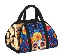 Vortithora Large Sugar-Skull-Mexico-Marigold Firewood Carrier Bag, 600d Oxford Cloth Log Tote with Reinforced Handles, Open-End Wood Hauling Bag for Fireplace, Wood Stove, Camping and Outdoor Storage
