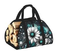 Vortithora Large Teal-Flowers-Dots Firewood Carrier Bag, 600d Oxford Cloth Log Tote with Reinforced Handles, Open-End Wood Hauling Bag for Fireplace, Wood Stove, Camping and Outdoor Storage