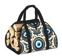 Vortithora Large Turkish-Evil-Eye-Symbol Firewood Carrier Bag, 600d Oxford Cloth Log Tote with Reinforced Handles, Open-End Wood Hauling Bag for Fireplace, Wood Stove, Camping and Outdoor Storage