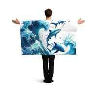 Vortithora Marine-Sharks-Swirling-Ocean-Waves Flag Cape With Sleeves For Adults, Polyester Wearable Flag Cloak, Lightweight Sports Fan Cape For Game Day, Bar Parties And Street Celebrations