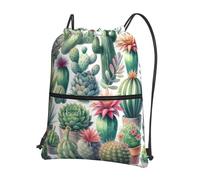 Vortithora Outdoor Watercolor-Cactus-Succulents Casual Drawstring Backpack With Zipper Pocket, Drawstring Sports Bag For Gym And Daily Use