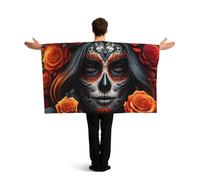 Vortithora Sugar-Skull-Face-Roses Flag Cape With Sleeves For Adults, Polyester Wearable Flag Cloak, Lightweight Sports Fan Cape For Game Day, Bar Parties And Street Celebrations