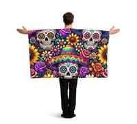 Vortithora Sugar-Skulls-Floral Flag Cape With Sleeves For Adults, Polyester Wearable Flag Cloak, Lightweight Sports Fan Cape For Game Day, Bar Parties And Street Celebrations