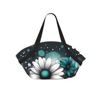 Vortithora Teal-Flowers-Dots Foldable Round Picnic Blanket Tote Bag, Portable Camping Mat With Handles And Inner Pockets, Water-Resistant Outdoor Beach Blanket For Picnic, Park, Camping