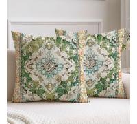 Vorysum Boho Cushion Covers 40x40 cm Green Decorative Pillow Covers Vintage Carpet Tribal Square Modern Pillowcases for Sofa Couch Bedroom Livingroom Set of 2