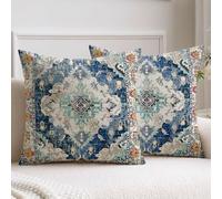 Vorysum Boho Throw Pillow Covers 40x40 cm Set of 2 White Blue Antique & Vintage Design Double-Sided Pattern Soft Cushion Covers for Garden Couch Sofa Bed Decorative Pillowcases off White
