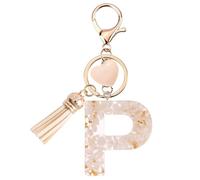 Vorysum Custom Letter P Keyring - Gold Resin Heart Keychain with Beige Tassel, Decorative Gift for Girls, Kids & Car Key Accessories P