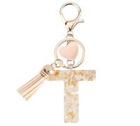 Vorysum Custom Letter T Keychain - Gold Resin Heart Keyring with Beige Tassel, Decorative Gift for Women, Girls & Daily Use Accessories T