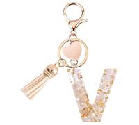 Vorysum Gold Letter V Keychain - Custom Resin Heart Keyring with Beige Tassel, Unique Decoration for Backpacks, Car Keys & Women V