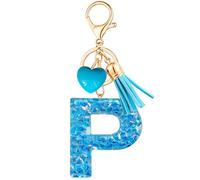 Vorysum Heart-shaped Pendant Key Ring Girls Key Letter Blue Crystal Resin with Initial Letter Gold Key Rings Children's Keyring Personalised Keychain Gift, Blue-p