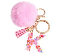 Vorysum Keyring Girls Key Gold Children's Key Rings Heart-Shaped Letter Pendant Tassel Pink Hair Ball with Initial Letter Keyring Personalised Keychain Gift, Pink-k