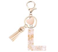 Vorysum Letter L Gold Keychain with Beige Heart & Tassel - Resin Custom Keyring for Bags, Backpacks, Car Keys (Ideal Ladies Gift) L