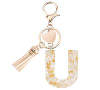 Vorysum Letter U Gold Keychain - Beige Heart Resin Keyring with Tassel, Personalised Initial Charm for Bags, Toys & Kids Gifts U