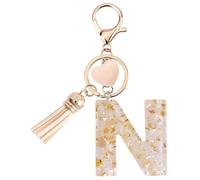 Vorysum Personalised Letter N Keychain - Gold & Beige Resin Heart Keyring with Tassel, Unique Gift for Kids, Backpack & Car Key Decor N