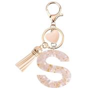 Vorysum Personalised Letter S Keyring - Gold & Beige Resin Heart Keychain with Tassel, Cute Charm for Backpacks, Car Keys & Gifts S