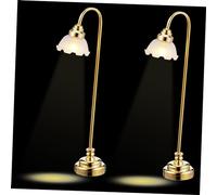 VOSAREA 2pcs Miniature Table Lamp Elegant Dollhouse Lighting with Flower Shade Gold Plated Metal Glass Dollhouse Decoration Accessories