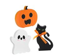 VOSAREA 3pcs Halloween Wooden Ghost Pumpkin Cat Blocks Tiered Tray Decor Indoor Tabletop Signs Reusable Seasonal Decorations for Party Centerpiece Shelves