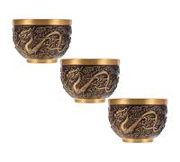 VOSAREA 3pcs Vintage Brass Tea Cups with Embossed Dragon and Phoenix Patterns, 2.5 Oz Capacity, Comfortable Grip and Reliable Heat Retention, for Chinese Kung Fu Tea Ceremonies