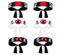 VOSAREA 6pcs Japanese Ninja Headbands Hachimaki Set with Black Ninja White Black Dragon Designs for Karate Cooking Dress-up Accessories