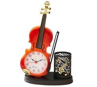 VOSAREA Creative Violin Clock with Pen Holder for Desk, Red Plastic Storage Organizer, Unique Desktop Shelf Clock for Office and Bedroom Decoration