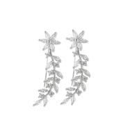 VOSAREA Rhinestone Inlaid Ear Crawler Earrings Lightweight Leaf Design Bridal Ear Climbers for Women Stylish White Gold Tone Studs