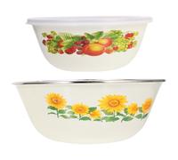 VOSAREA Thickened Enamel Soup Bowls with Lids 2pcs Set - 18cm and 22cm Vintage Food Storage Containers for Kitchen, Salad, Noodles, and Porridge Serving