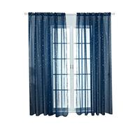 VOSAREA Voile Window Curtain Romantic Silver Star Foil Window Treatment Glitter Stars Sheer Curtains Panel for Girl Kids Bedroom Living Room- 100 * 200CM (Navy)
