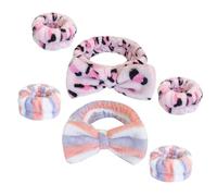 VOSAREA Women’s 6pcs Face Wash Headband and Wristband Set, Soft Fleece Spa Makeup Headbands with Pink Leopard and Blue Red Striped Patterns, Absorbent Wrist for Skincare and Facial