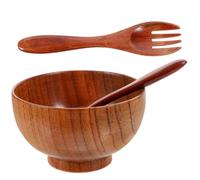VOSAREA Wooden Salad Bowl Set Lightweight Deep Brown with Fork and Spoon Multi-Functional Serving Bowl Rustic Natural Design for Salad and Rice for Dining and Picnics