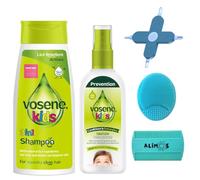 Vosene Kids Lice Repellent 3in1 Shampoo 250ml & Conditioning Defence Spray 150ml Bundled With Alimos Massage Brush, Nit Comb and 4-in-1 Cleaning Tool Complete Lice Prevention Bundle