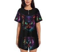 VOSERY 2 Piece Women's Pajama Sets - Futuristic Cat Warrior Short Sleeve Pajamas Sleepwear Lounge PJ Sets for Woman, Black, S