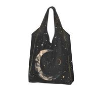 VOSERY Abstract Starry Sky Moon Reusable Grocery Bags Shopping Bags for Groceries Foldable Tote Bag with Handles, Black, 3 Pieces
